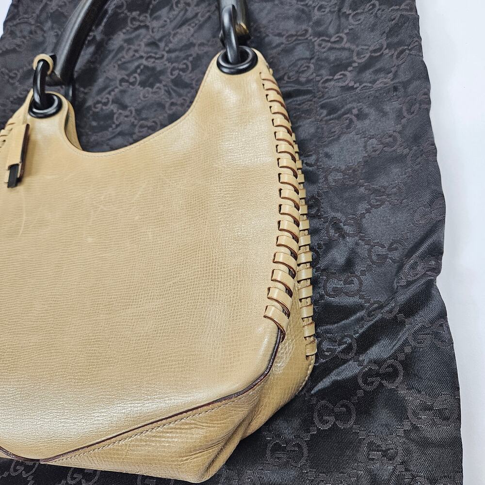 Y2k Gucci Bag Whipstitch Wood Handle Purse Beige Leather - Picture 12 of 12